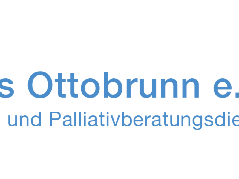 Das Logo zeigt den Schriftzug "Hospizkreis Ottobrunn e.V. Ambulanter Hospiz- und Palliativberatungsdienst" in Blau neben einer Grafik mit einem Vogel, der über eine Landschaft mit einem Baum fliegt, während die Sonne im Hintergrund strahlt.